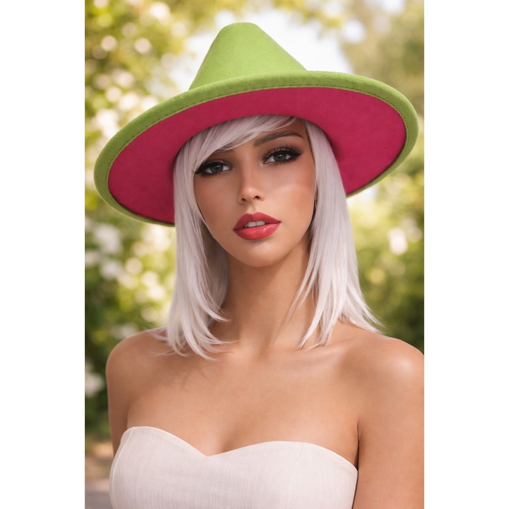 Fedora Hat Green‎ Outside & Hot Pink Inside with Pink Emoji Headband